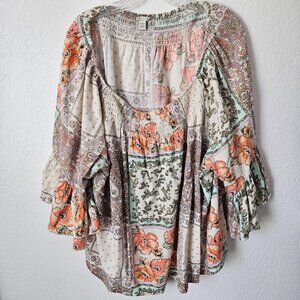 Cato Peasant Top Patchwork Orange Floral Butterfly Sleeves Size 26W-28W